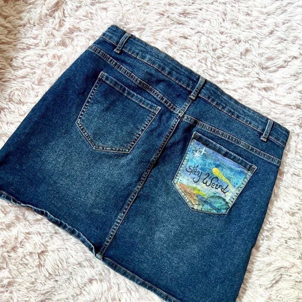 Stay Weird Upcycled Painted Eclectic Galaxy Space Classic Denim Skirt Womens L
